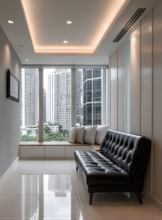 A modern interior features a black leather sofa positioned near a large window. The space exhibits clean lines and a minimalist design, complemented by neutral tones and ambient lighting. The view outside showcases a cityscape, contributing to a sense of openness. Suitable for architectural, design, or lifestyle projects.の素材