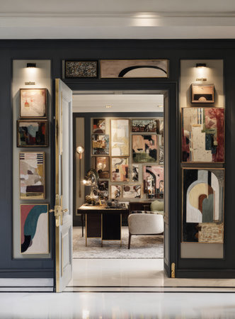 A wide doorway reveals an interior design display, showcasing numerous framed paintings and varied lighting fixtures. The scene is bathed in soft light, with colors including white, gray, and black. This composition presents a modern design approach with potential uses in commercial or decorative contexts.の素材