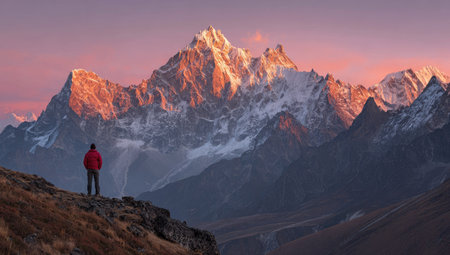 A lone figure gazes at towering mountain peaks illuminated by the warm hues of sunset. The composition features a vibrant sky with a palette of pinks and oranges reflecting on the snow-covered terrain. This image portrays natural beauty and can be used for various commercial purposes.の素材