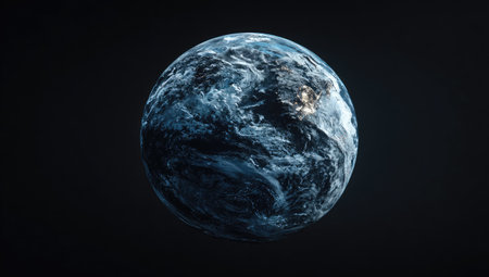 A detailed globe of Earth is presented against a dark background. The composition features shades of blue, white, and brown. Its textured surface suggests atmospheric details and geographical features. This image could be used for educational purposes, scientific visualizations, or designs related to global topics.の素材
