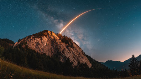 A night scene displays a mountain peak with a bright light trail ascending into the sky. The image showcases a natural environment under a dark blue sky illuminated by a bright light. The composition and colors are ideal for a range of visual projects and concepts.の素材