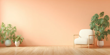 The image showcases a minimalist interior with a peach-colored wall, a wooden floor, and various plants. A white armchair with wooden frame is present. The composition features soft lighting, creating a serene atmosphere. This image is suitable for use in advertising or editorial contexts promoting design, home decor, or lifestyle themes.の素材
