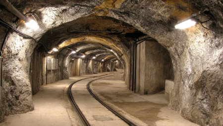 An interior view showcases a long, curving underground tunnel featuring railway tracks. The scene is characterized by rugged stone walls and an arched ceiling. Overhead lighting illuminates the pathway, creating a dramatic effect. This image is suitable for various commercial and editorial applications.の素材