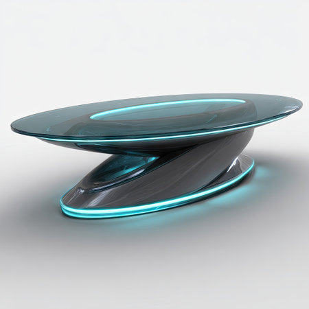 A contemporary table showcases a futuristic design with illuminated accents. The sleek, oval glass top rests on a stylized, curved base. Featuring a cool color palette, the table has a glossy finish, suggesting a studio setting. This design could be ideal for modern interior projects and design-focused publications.の素材