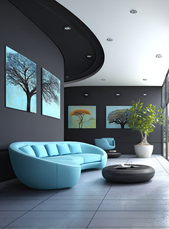 A contemporary interior showcases a curved blue sofa and matching chair. The space features dark gray walls adorned with colorful artwork, contrasted by a bright white ceiling and floor. Ambient lighting highlights the modern design. Suitable for commercial use, it could represent design, architecture, or interior decorating.の素材