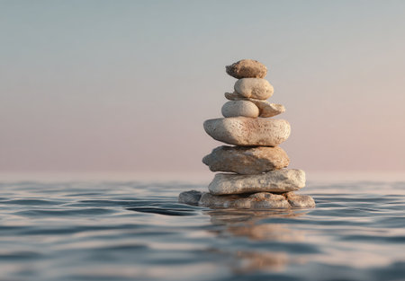 A tower of balanced stones stands on water under a serene, gradient sky. The image presents a smooth, tactile texture with soft lighting and a calming atmosphere. The composition suggests a sense of peace and equilibrium. Suitable for use in projects related to mindfulness, tranquility, and environmental themes.の素材