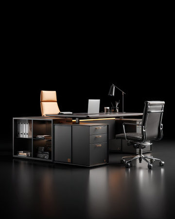 A contemporary office desk and chair are positioned in a studio setting against a stark, black backdrop. The scene displays a laptop, desk lamp, and office supplies on the desk. The composition features sleek lines, with dark tones and a sense of professional ambiance, suitable for diverse editorial or commercial purposes.の素材
