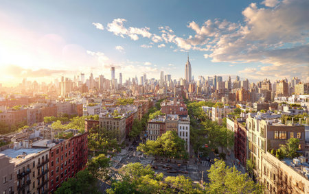 An urban panorama displays a vast city skyline with numerous buildings. The composition showcases architectural diversity. The scene is bathed in warm sunlight under a bright blue sky with clouds. Suitable for visual projects, editorial publications, and various commercial applications.の素材