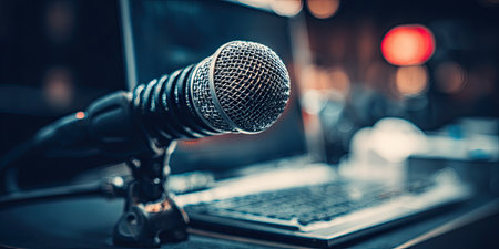 A close-up captures a microphone prominently featured in the foreground, positioned before a laptop. The image displays a shallow depth of field, with blurred background elements suggesting an indoor setting. The composition may be suitable for promotional materials, online content, or various commercial applications.の素材