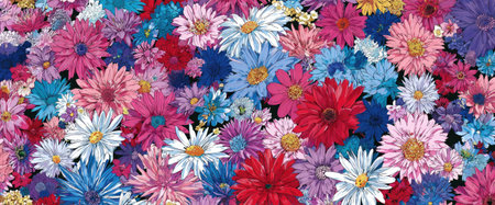 An array of vibrant aster flowers, showcasing a rich tapestry of colors from red and pink to blue and white. The close-up perspective reveals intricate details, creating a textured surface. This image would be suitable for various design applications, as backgrounds, or illustrations.の素材