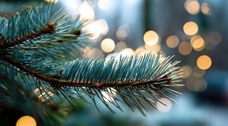 An evergreen branch is the main subject, displayed in a close-up shot. The branch's needles exhibit a teal hue, contrasted against a blurred background of golden bokeh lights. The composition showcases soft textures and shallow depth of field, with a focus on the branch's details, suitable for decorative or festive use.の素材
