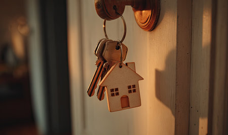 A close-up captures keys hanging on a door handle, featuring a small house-shaped keychain. The image displays warm tones, suggesting indoor lighting. This composition could be suitable for real estate, property, or home-related themes, offering potential for commercial applications.の素材