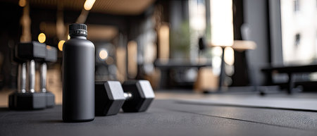An image features a black water bottle and dumbbells on a matte surface, likely a gym floor. The composition emphasizes the objects against a blurred background, with soft lighting. This setup could be suitable for promoting fitness products or illustrating health and wellness themes. The image evokes a sense of activity and physical training.の素材