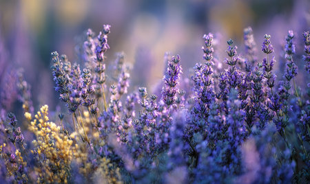 This image showcases a close-up view of lavender flowers. The composition features a blurred background with soft lighting. The color palette is dominated by purple hues, enhancing the natural beauty of the blossoms. This image is suitable for use in various commercial and editorial projects.の素材
