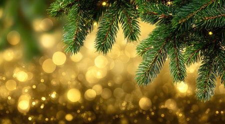 Close-up of fresh evergreen tree branches. The image presents a bokeh backdrop of golden light orbs. The composition features a shallow depth of field. It is suitable for use in seasonal marketing, festive displays, and website backgrounds, offering a visually appealing design.の素材