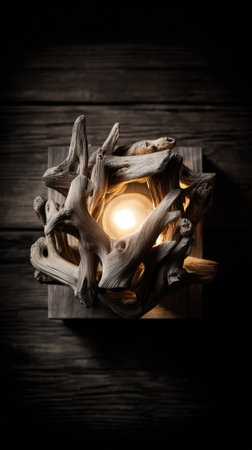 This image presents a decorative lamp featuring a driftwood design. The lamp emits a warm glow, highlighting the natural textures and forms of the wood. The composition is a close-up shot. This image is suitable for projects related to interior design, home decor, and creative lighting solutions.の素材