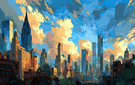 A digital artwork presents a city skyline with numerous tall buildings and a prominent spire against a backdrop of a dynamic, sunlit cloudy sky. The composition features a range of blues, oranges, and yellows, creating a visually engaging scene. This image could be used for various editorial and commercial projects.の素材