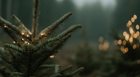 An evergreen tree branch with visible needles and water droplets is in sharp focus, set against a blurred background of forest trees and bokeh lights. The image utilizes a shallow depth of field and muted color palette for a moody, atmospheric feel. Suitable for conceptual illustration or environmental themes.の素材