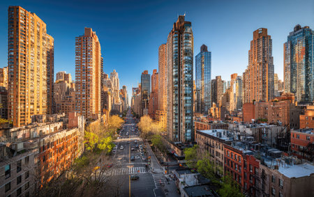 The image presents a vibrant cityscape, featuring numerous towering structures under a clear, blue sky. A street stretches through the scene, lined with trees, creating a dynamic perspective. The composition showcases a daytime setting, with a balance of architectural forms. This image could be suitable for various commercial and editorial purposes.の素材