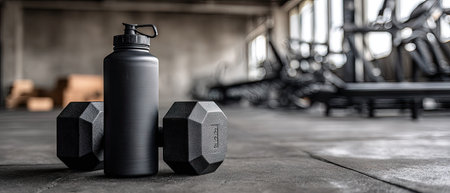 A black water bottle stands between two weights, positioned on a floor with a textured surface. The image displays a monochromatic color scheme, with a shallow depth of field that blurs the background gym equipment. The setting appears to be an indoor fitness center, suitable for various commercial and editorial applications.の素材