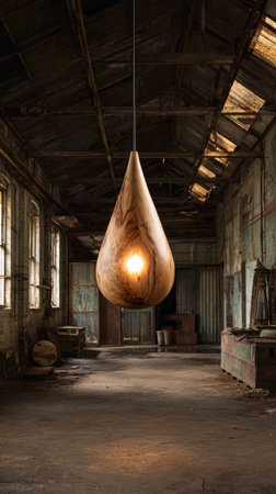 A large, teardrop-shaped wooden pendant light hangs from the ceiling of a long, aged industrial building. The interior features natural sunlight filtering through the roof and windows, illuminating the wooden texture. This image may be useful for architecture, design, and lighting-related editorial content.の素材