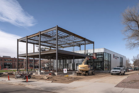 A steel frame building is under construction with a crane. The scene showcases a modern architectural design. The composition is wide, lit by natural sunlight. The image suggests uses in commercial, architectural, or engineering contexts.の素材