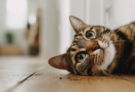 A tabby cat is seen up close, resting on a wooden floor inside. The cat features brown and black stripes with expressive green eyes. The warm lighting suggests a daytime interior setting. This image could be used for various commercial purposes.の素材
