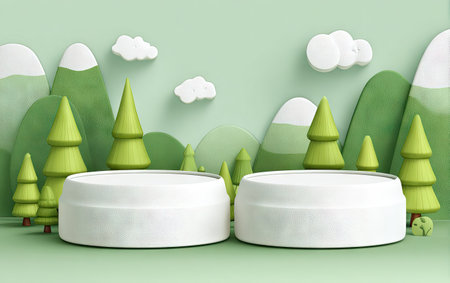 A cheerful cartoon scene features green trees and mountains with clouds. Two white platforms are set in the foreground, perfect for product displays. The composition uses bright colors and a simple style, suggesting a playful and inviting environment suitable for advertising or promotional content.の素材
