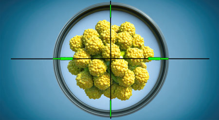 A stylized depiction features a clustered yellow mass within a circular frame, intersected by crosshairs. The image utilizes vibrant colors against a gradient blue backdrop, suggesting a scientific or technological context. This could be employed in materials concerning medicine, healthcare, or research purposes.の素材
