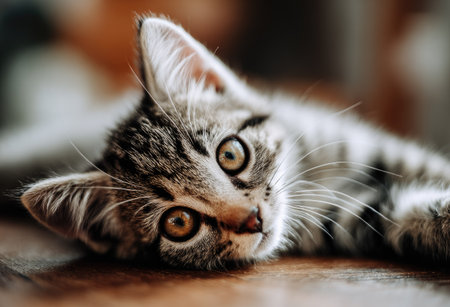 A detailed, close-up image showcases a tabby cat resting indoors. The cat's fur displays a mix of grey and brown hues, while the background suggests a soft, blurred aesthetic. Warm lighting and shallow depth of field highlight the subject. This image can be used for various commercial or editorial purposes, from advertising to design projects.の素材