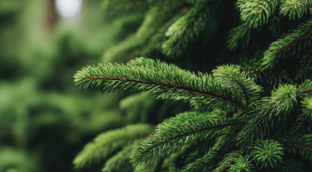 The image features a close-up of lush green evergreen tree branches, showcasing detailed needles and texture. The composition emphasizes the vibrant green color and the natural growth pattern. The lighting appears soft, suggesting an outdoor setting. Potential uses include illustrations about nature, environment, or sustainable practices.の素材
