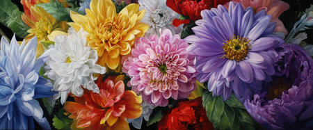 A vibrant assortment of various flowers is depicted in a close-up composition. The image showcases a multitude of colors with focus on detailed textures and petals. This botanical arrangement may be suitable for various design uses. The lighting appears soft, illuminating the flowers.の素材