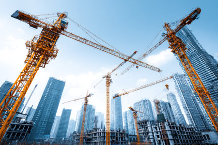 Several construction cranes dominate the view, positioned amongst numerous modern skyscrapers. The image displays a bright, clear sky. The composition utilizes an upward perspective, highlighting the scale and complexity of the urban landscape. This visual can be used for architecture, engineering, and urban development projects.の素材