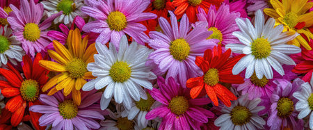 A close-up image showcases a multitude of daisies in a variety of colors, from white to red, pink, and yellow. The composition features a dense arrangement, emphasizing the texture and detail of the petals and centers. Suitable for general commercial and editorial applications, the photograph portrays a bright, natural setting.の素材