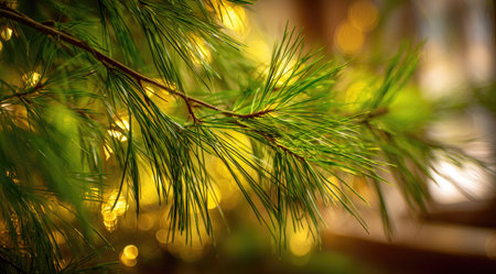This close-up image features vivid green pine needles, creating a textured display. The composition utilizes a shallow depth of field, blurring the background into a warm bokeh of golden lights. The natural lighting suggests an outdoor environment, suitable for decorative or seasonal themes.の素材