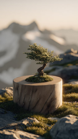 A bonsai tree sits centered in a cylindrical pot, positioned on a rocky surface. The scene displays soft lighting and a blurred mountain range in the background. The composition focuses on the miniature tree. Suitable for diverse visual content, this image offers potential for various commercial applications.の素材