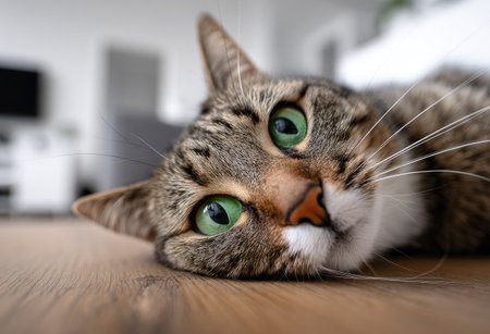 A close-up captures a tabby cat resting on a wooden surface. The image showcases the cat's striking green eyes and detailed fur patterns. The composition employs a shallow depth of field, emphasizing the feline subject. This could be used in pet care content, animal-themed projects, or as a visual element in lifestyle design.の素材