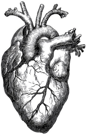 This detailed illustration depicts a human heart, rendered in a vintage style. The artwork features intricate line work, showcasing the organ's complex structure. The grayscale color palette and high contrast enhance the anatomical details. Suitable for educational materials, medical publications, and conceptual designs.の素材