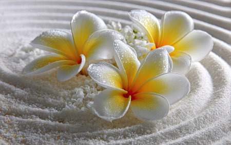This image showcases several frangipani flowers resting on a bed of white sand. The blooms exhibit white petals with bright yellow and orange centers. The composition, with its soft lighting, creates a serene ambiance. Suitable for uses related to wellness, spa, or nature-themed projects.の素材