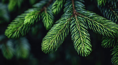 This image features a close-up view of evergreen fir branches. The composition highlights the detailed texture and vibrant green color of the needles. The lighting suggests a natural outdoor setting, suitable for commercial or editorial use. The image could be used for projects related to nature and design.の素材