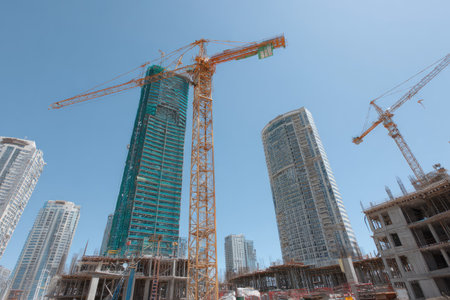 Several high-rise buildings under construction are visible with prominent yellow cranes. The image exhibits a low-angle perspective, showcasing the buildings reaching towards a clear blue sky. The composition highlights the ongoing building process, likely set during a day of sunshine. The scene offers potential for various commercial and architectural applications.の素材