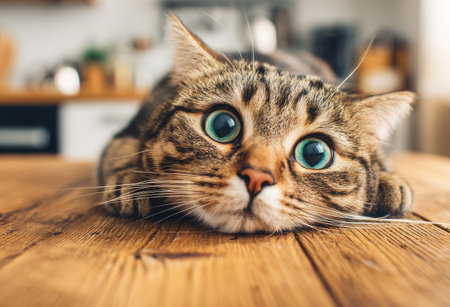 A close-up image features a tabby cat with striking green eyes resting on a wooden table. The cat's fur displays brown and tan patterns. The composition highlights the cat against a blurred indoor background. This image could be used in various commercial projects, including advertising and editorial content.の素材