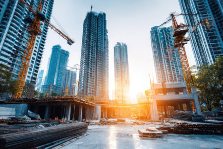 A construction site displays tall buildings and cranes under a bright sky. The image features architectural elements, including concrete and steel. The composition emphasizes height and perspective, enhanced by warm sunlight. This image would be suitable for commercial applications, such as illustrations for urban development or infrastructure projects.の素材