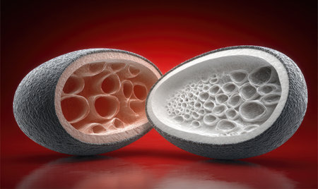 This image presents a cross-section view of a dark object, split open to reveal a detailed internal structure. The interior features a porous, cellular design with varying shapes and sizes. The color palette includes shades of gray, white, and brown against a deep red background. It may be suitable for scientific or conceptual illustrations.の素材