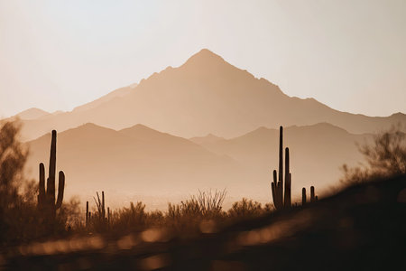 A desert scene presents the silhouettes of cacti against a backdrop of layered mountains. The warm color palette suggests sunrise or sunset. The composition uses natural light and shadow creating a serene aesthetic. Suitable for editorial projects or commercial applications, this image could be used for environmental themes.の素材