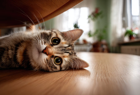 A tabby cat relaxes on a wooden table, its gaze directed towards the viewer. The warm lighting highlights the animal's fur and eyes, creating a soft focus effect. The background suggests an indoor environment with blurred details. This image is suitable for various editorial and commercial applications.の素材