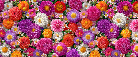 An overhead shot displays a variety of colorful flowers. The image features a mix of vibrant colors including red, orange, pink, purple, and white. The composition and lighting suggest a natural, outdoor setting. This image could be used for a variety of commercial purposes such as backgrounds, illustrations, or designs.の素材