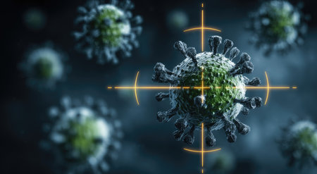 The image showcases virus cells in a high-angle shot, some in soft focus. They appear in varying shades of green and gray, set against a dark background, enhanced with a crosshair overlay. This visual concept could be utilized in scientific publications, medical presentations, or educational resources.の素材