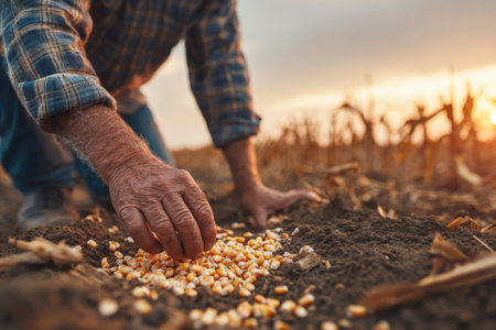 A close-up captures a farmer's hand carefully placing corn seeds into the soil. Warm sunlight bathes the scene, highlighting the texture of the earth and the golden grains. The composition suggests a rural setting with the potential for use in agricultural publications or promotional materials. The image could also be utilized to illustrate food production or environmental themes.の素材