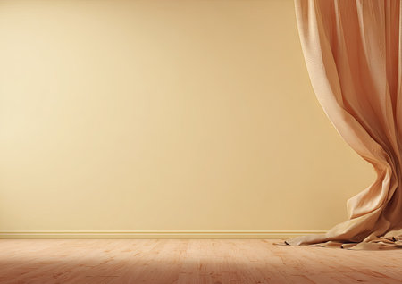 An interior scene presents a flowing beige curtain draped against a matching wall. The image showcases textures and forms with warm lighting, suggesting a sense of calm and serenity. This studio shot offers space for creative projects in home decor, design, or presentations.の素材